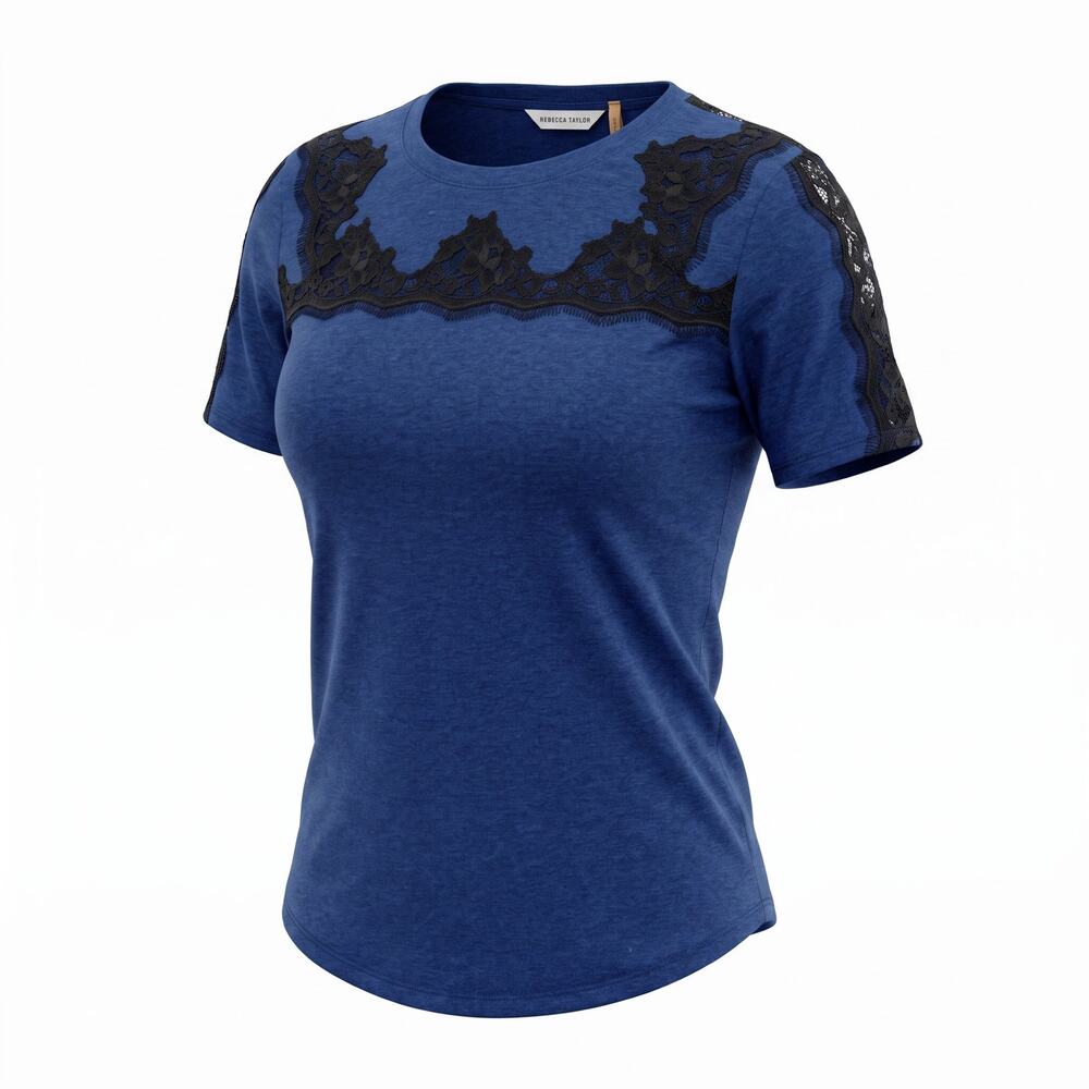 Rebecca Taylor Navy Lace-Trim Yoke Tee, Size XS